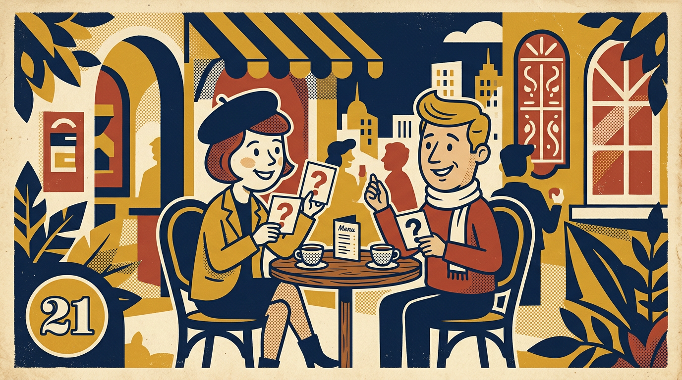 Two people at a coffee shop mid-conversation, one leaning forward with both hands around a cup