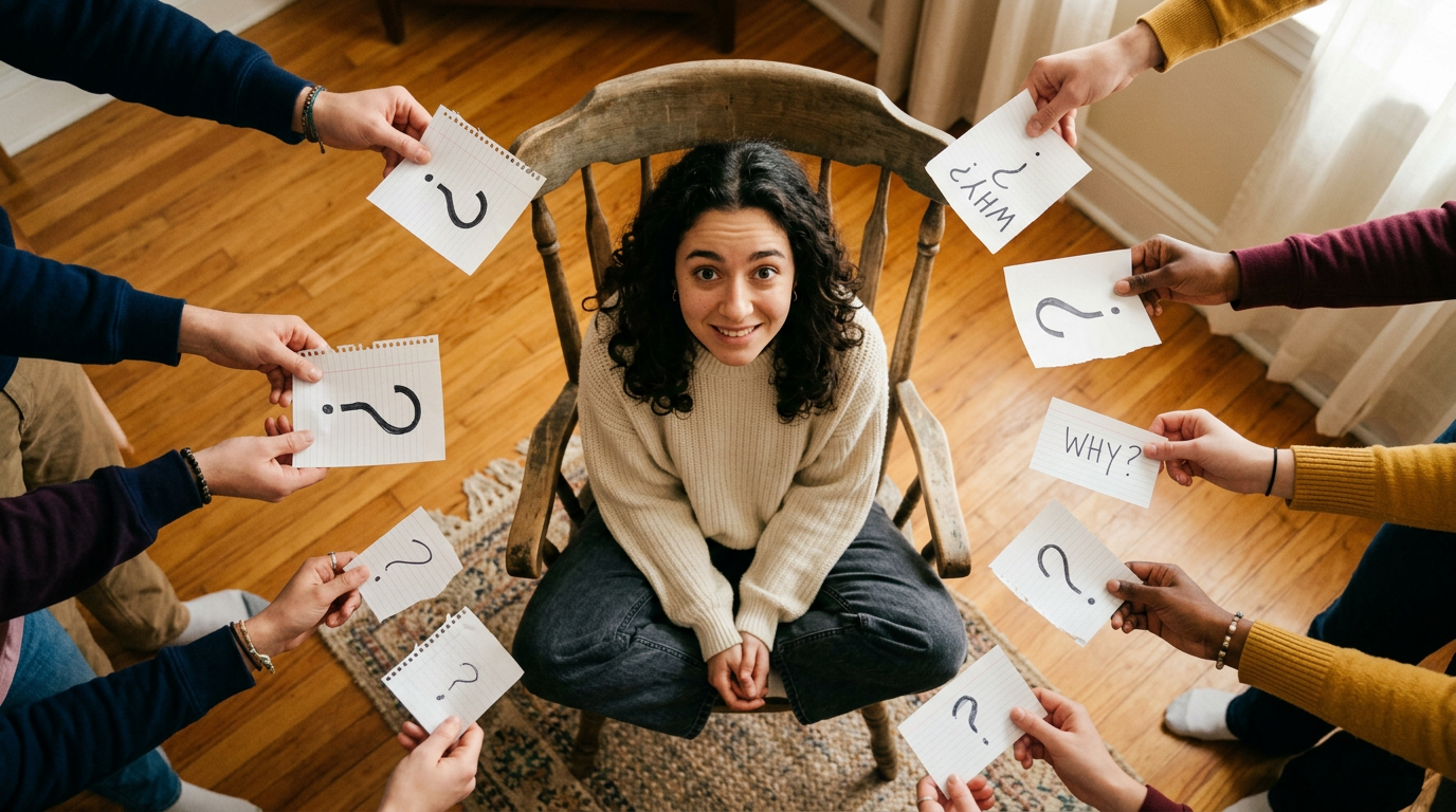 A group of friends gathered around a table, one person leaning forward mid-answer while others listen closely