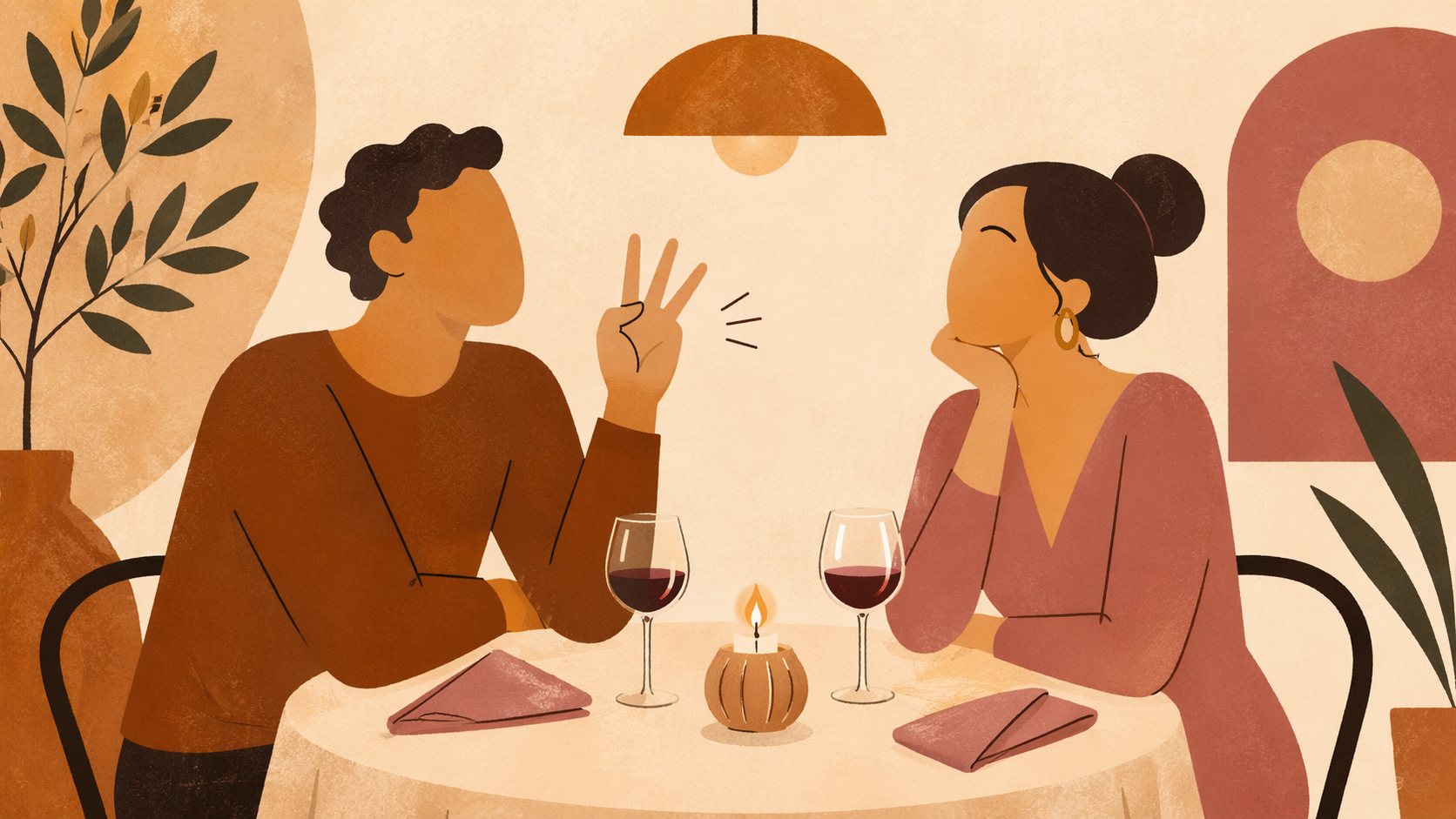 Two people at a dinner table mid-game, one holding up three fingers while the other squints trying to guess