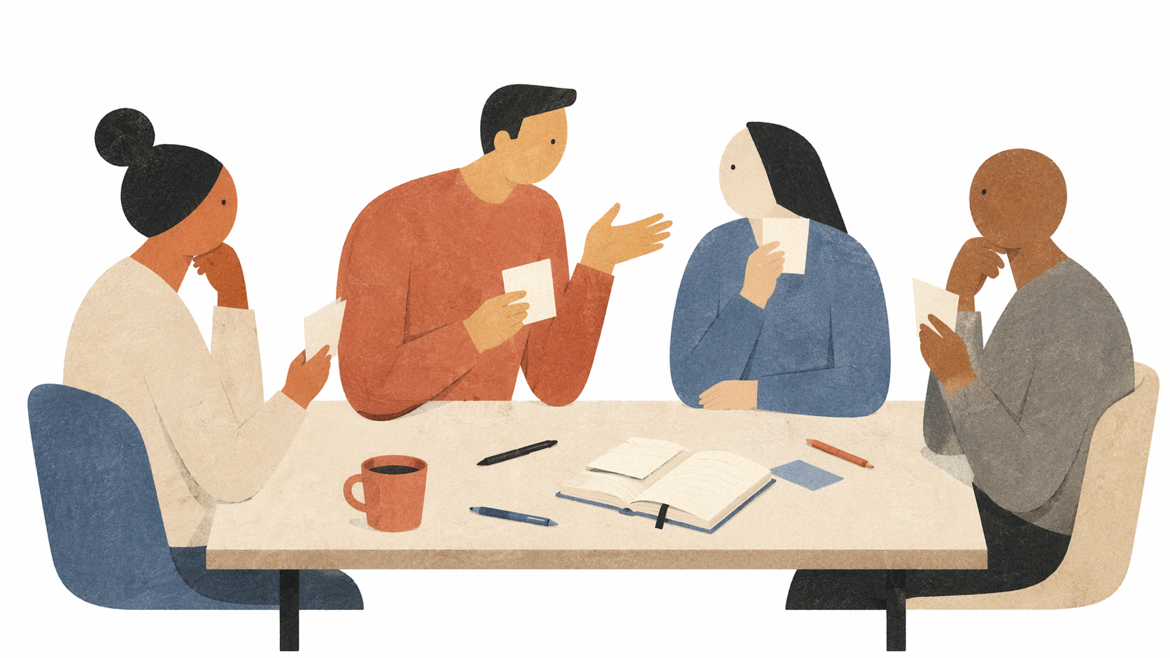 A small work group sitting around a table mid-game, each person holding a slip of paper, slightly leaning forward