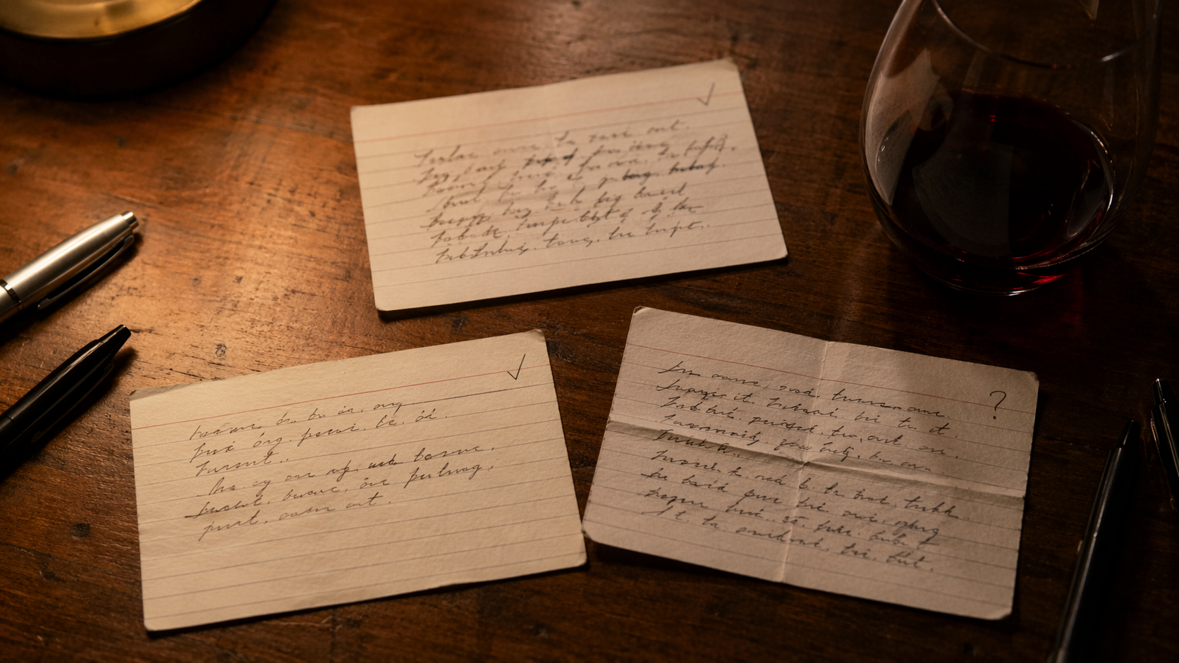 Three handwritten index cards spread on a worn wooden table, two with penciled checkmarks and one with a question mark, soft warm lamplight casting gentle directional shadows